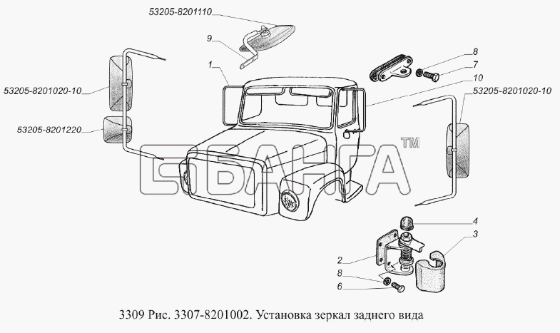 ГАЗ ГАЗ-3309 (Евро 2) Схема Установка зеркал заднего вида-65 banga.ua